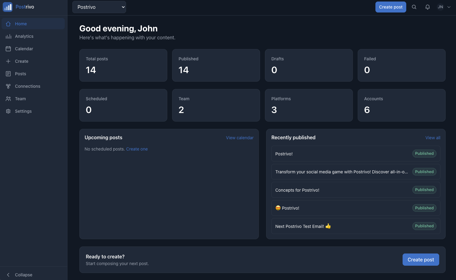 Postrivo dashboard showing post stats, upcoming posts and recently published content